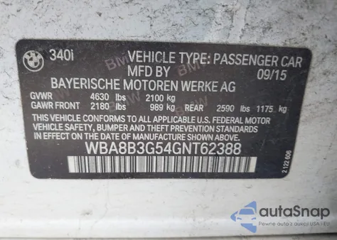 2016 BMW 340I из США, поврежденный, VIN WBA8B3G54GNT62388